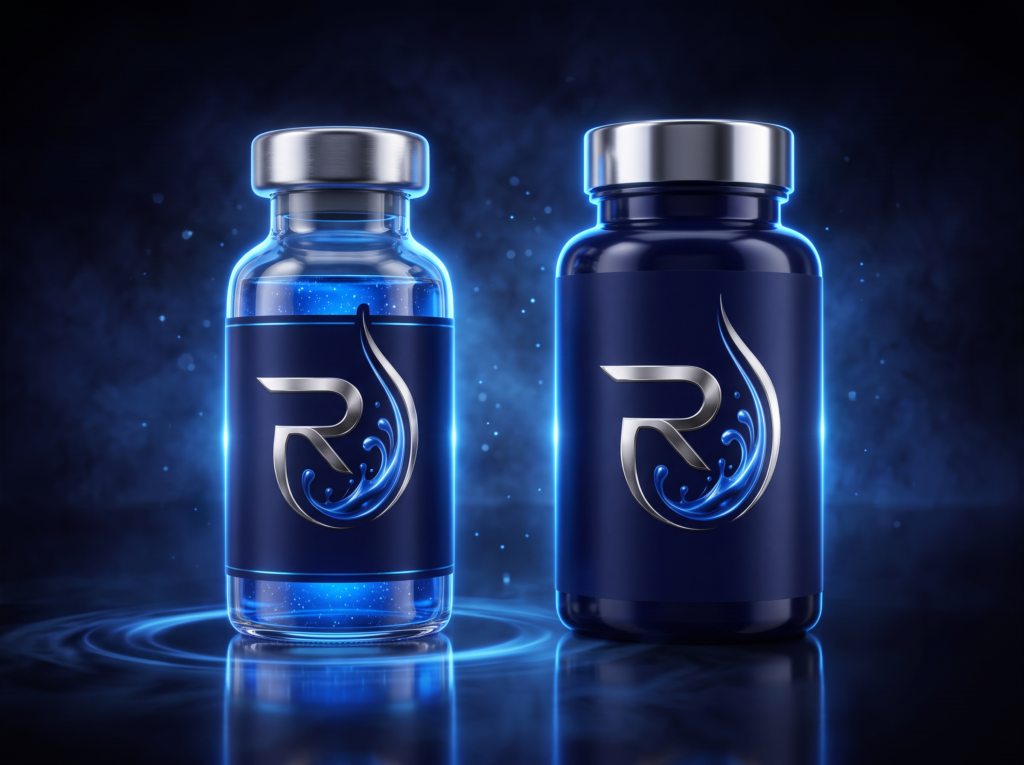 Home Blue serum bottles with logo